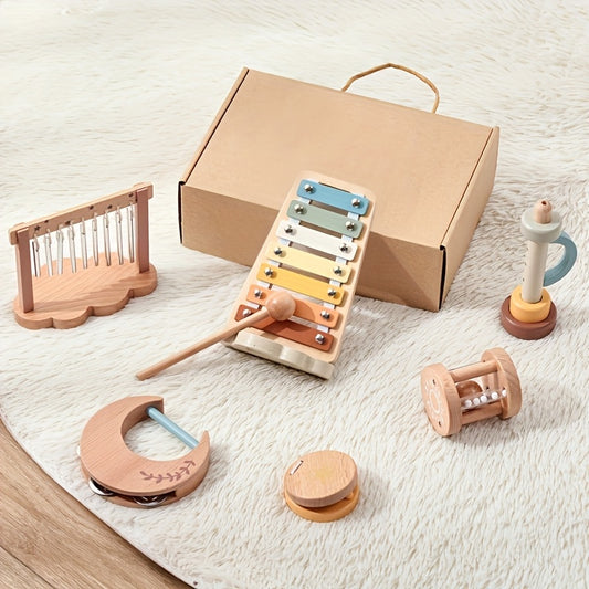 LittleEarth Wooden Cloud Rattle and Musical Toy Set