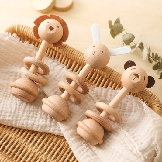 LittleEarth Wooden Animal Rattle & Rotating Puzzle Toys